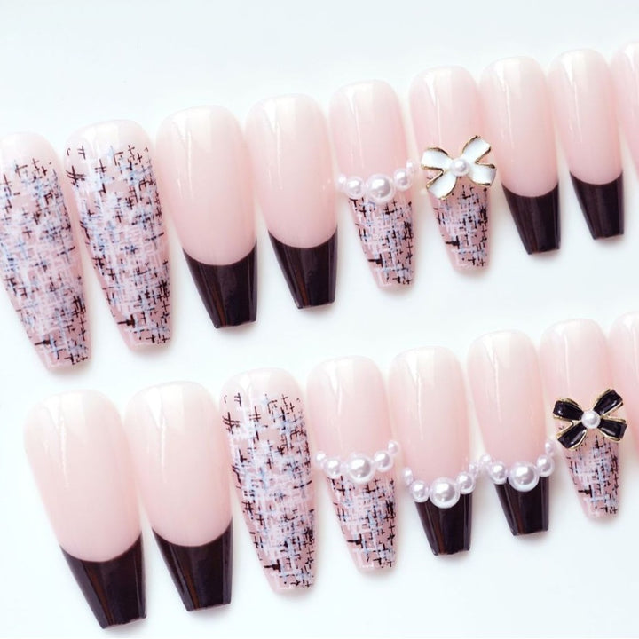 Decorative Press-On Nail Set with Pearl and Bow Accents