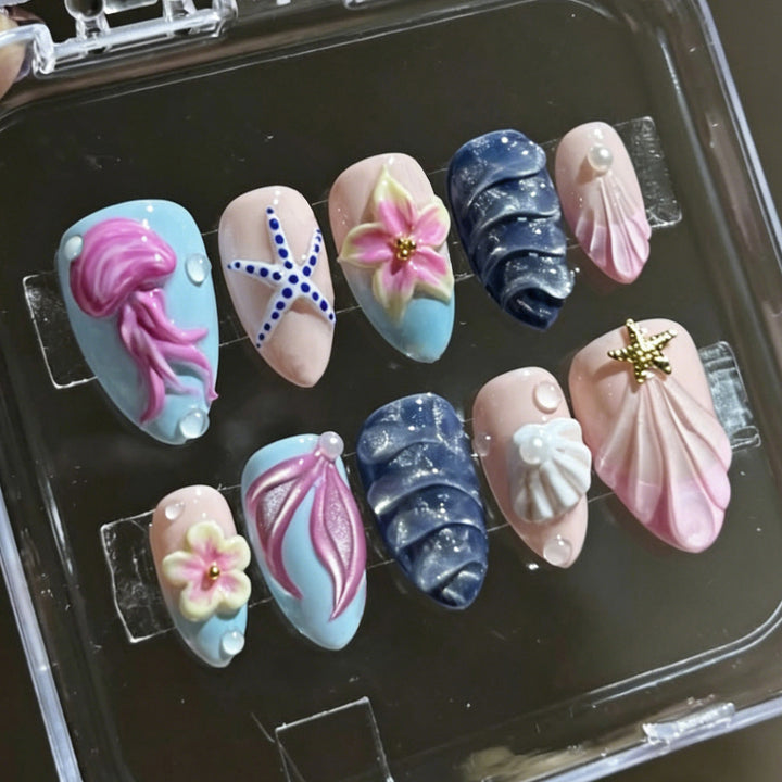 Artistic Marine-Inspired Press-On Nail Art Set Kalsten