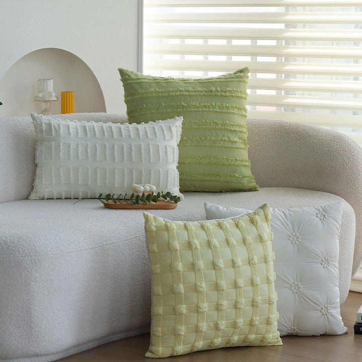 Square decorative pillow cover made of cotton blend with relief rectangular tufts and fringed edge Kalsten