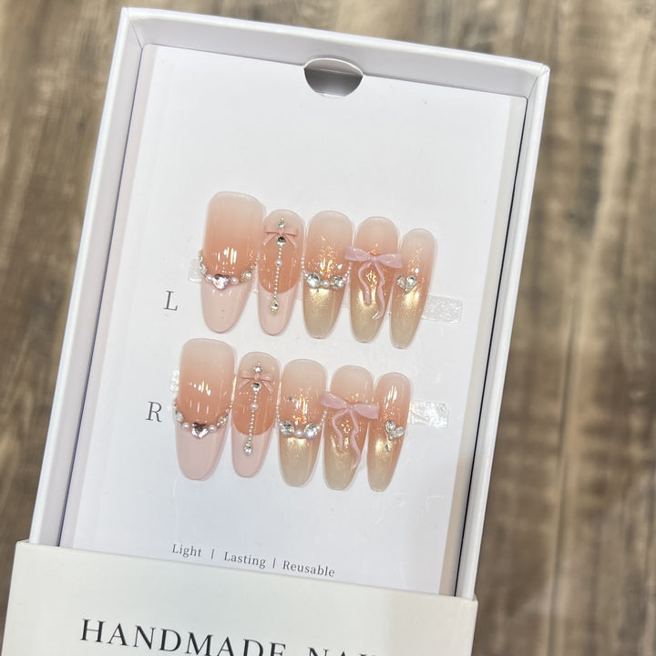 Decorative Stiletto Press-On Nail Art Set with Elegant Ribbons and Gems Kalsten