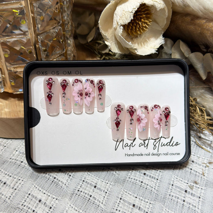 Floral-Themed Press-On Nail Set with Gemstone Accents Kalsten