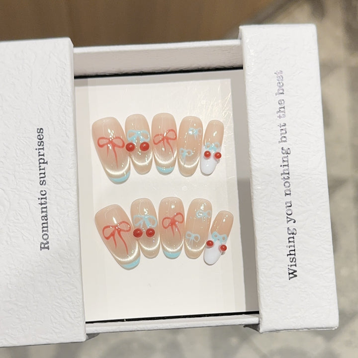 Artificial nail tips with romantic bow and cherry motifs Kalsten