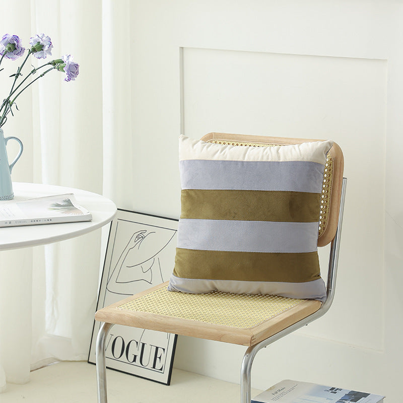 Striped square velvet decorative cushion with contrasting inserts