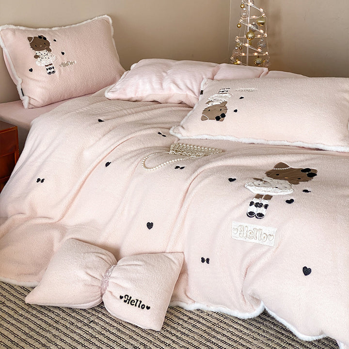 cozy plush bedding set with bear embroidery