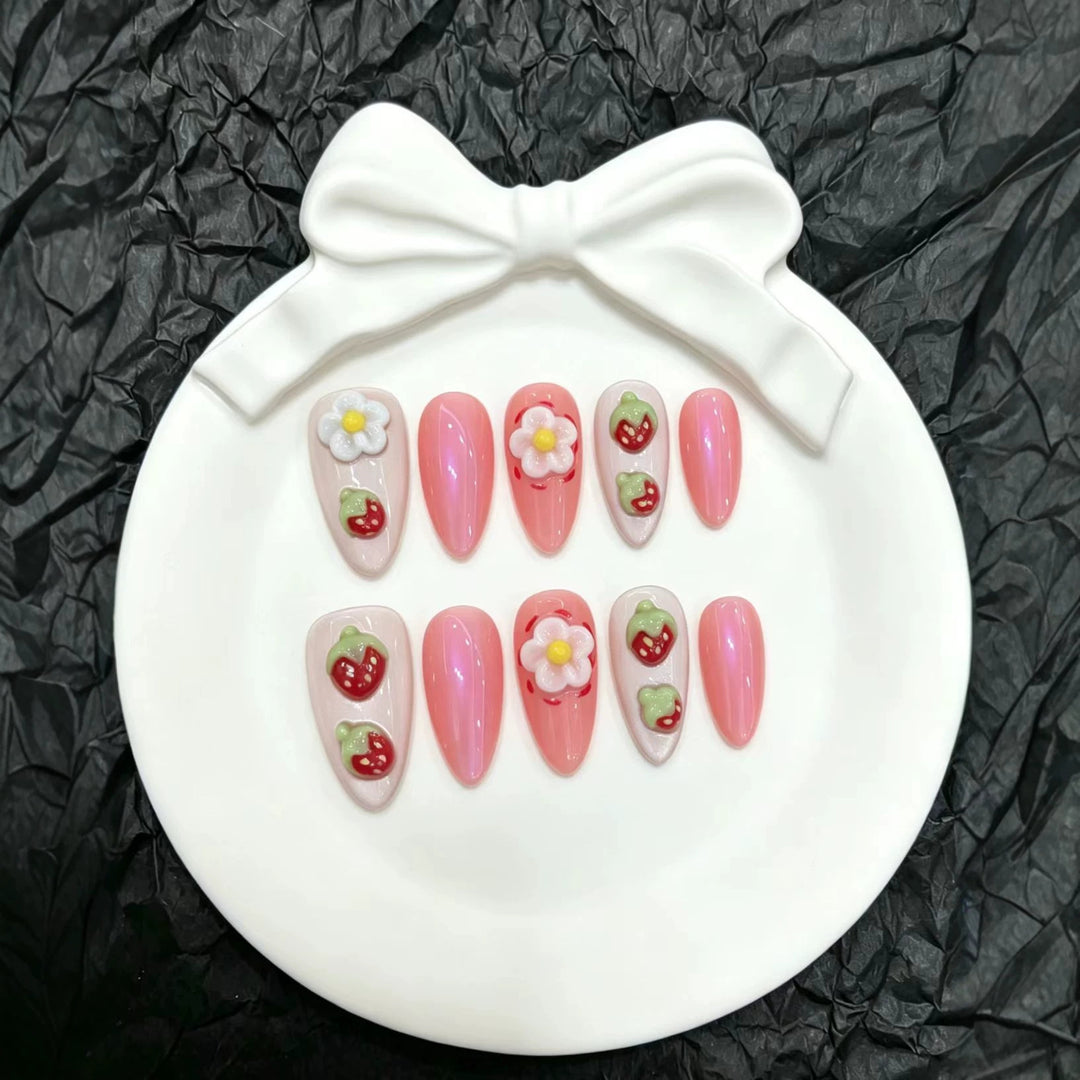 Artistic Strawberry-Themed Press-On Nail Set