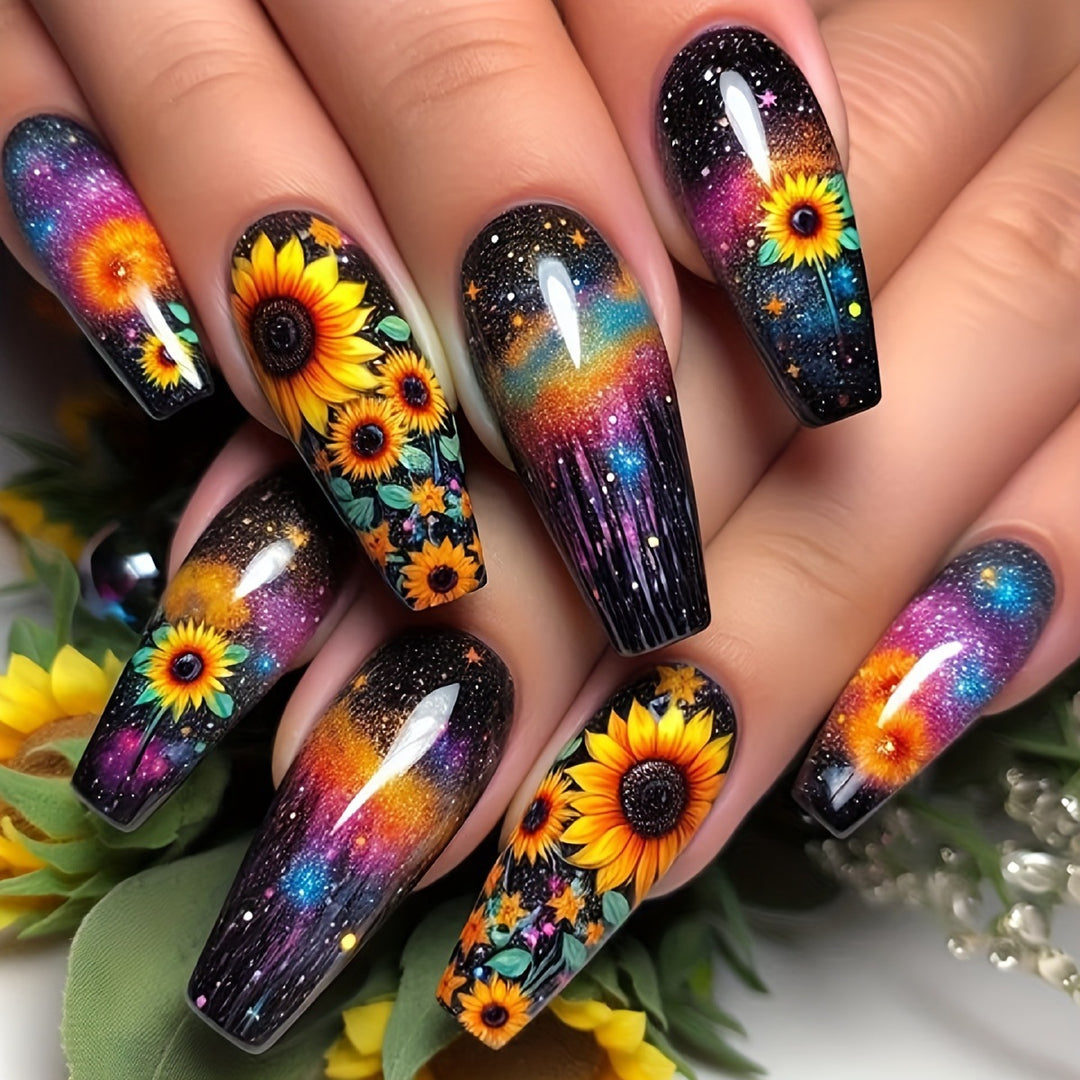 Artificial nails in creative sunflower and galaxy design Kalsten