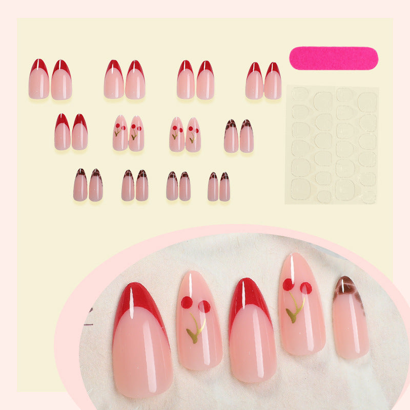 Artificial nail set with fruity cherry design and elegant gradient color Kalsten