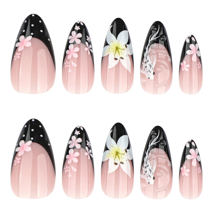 Elegant Nail Extensions with Creative Flowers and Black-White Patterns Kalsten