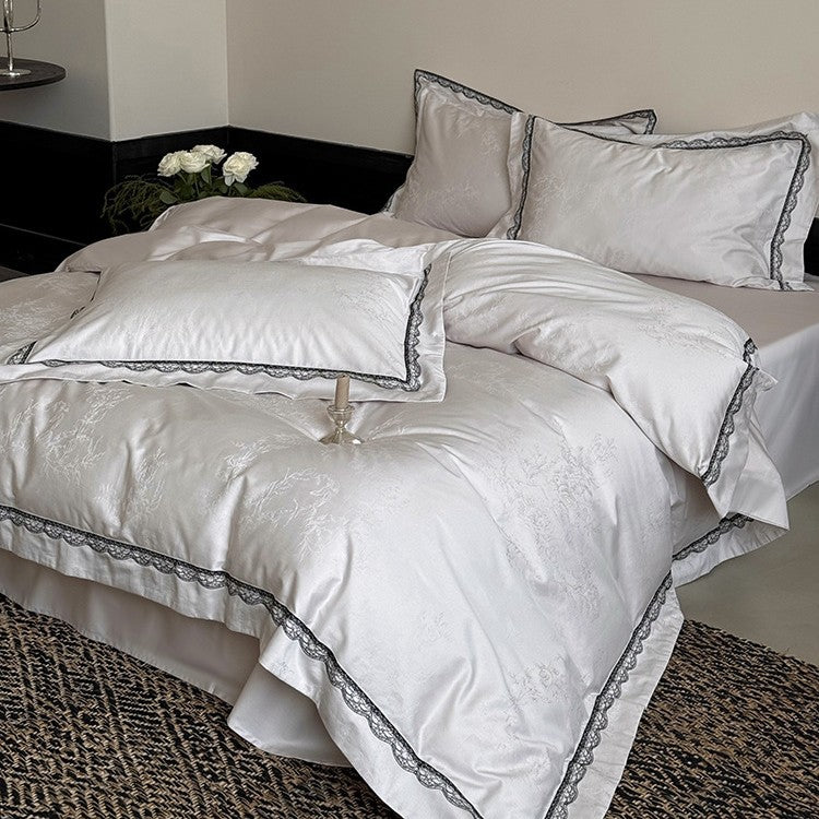 Jacquard cotton satin bedding set with fine lace trim