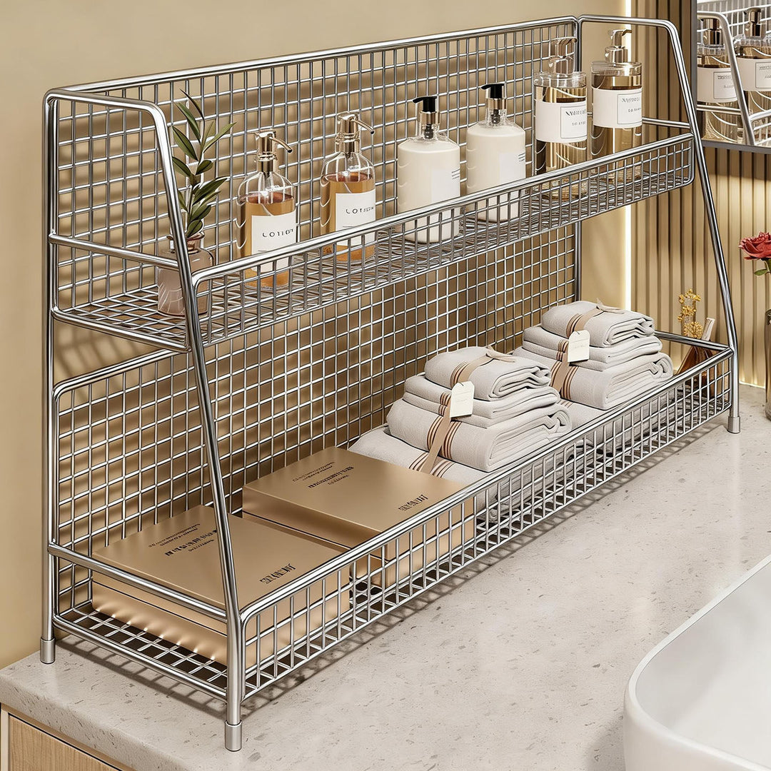 Multi-Tier Wire Grid Countertop Organizer with Angled Frame and Ventilated Mesh Shelves