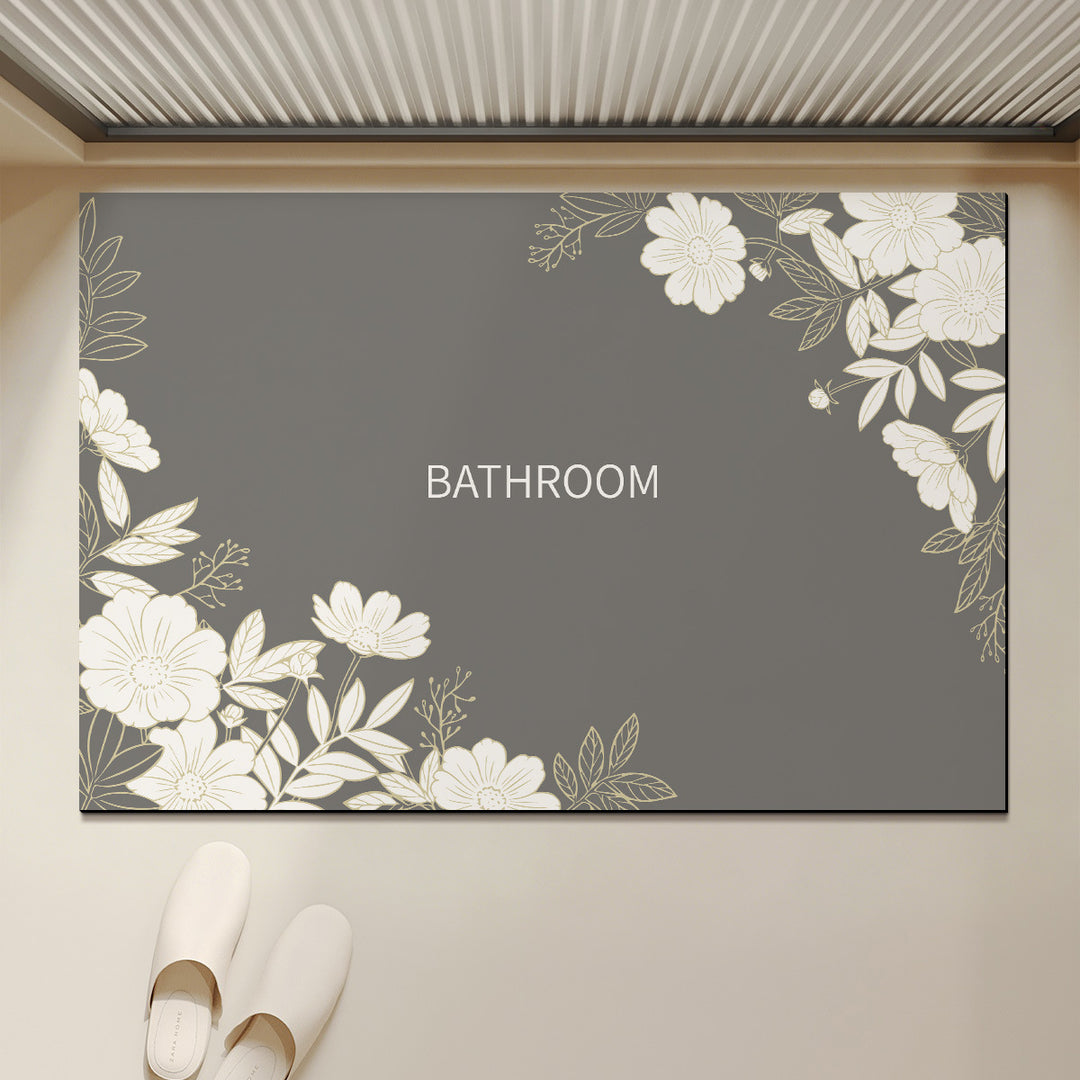 Absorbent Anti-Slip Bathroom Door Mat with Floral Corner Print and Quick-Dry Microfiber Surface