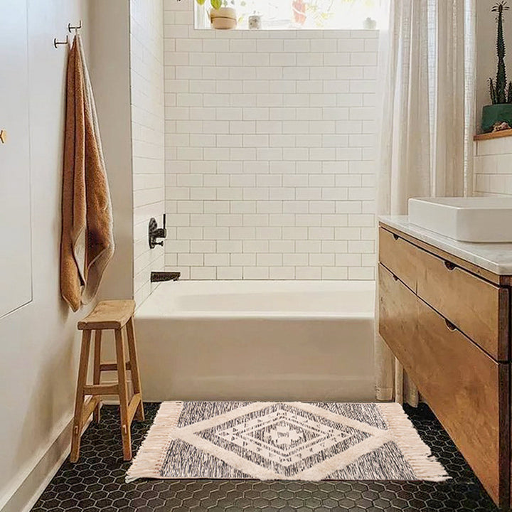 decorative woven bathroom runner with botanical jacquard pattern and fringes Kalsten