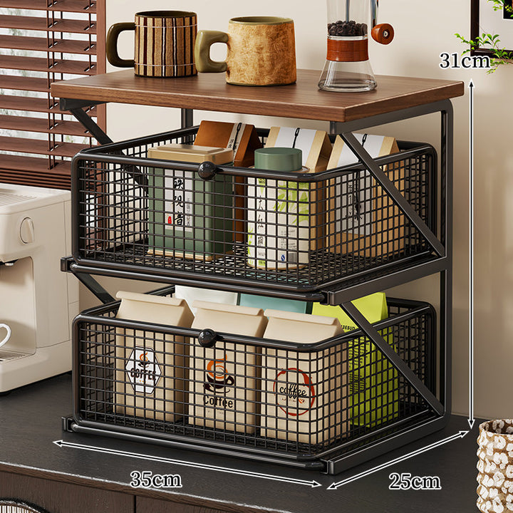 Countertop Coffee Station Organizer with Wooden Top and Metal Wire Basket