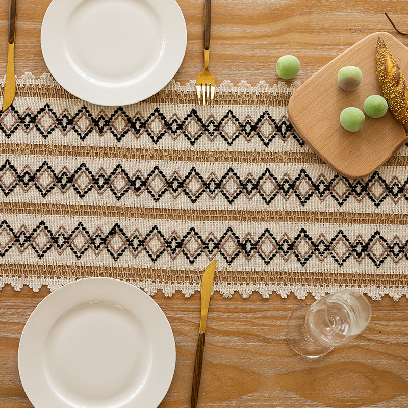 Handwoven Bohemian Cotton Table Runner with Fringe Tassels and Geometric Embroidery