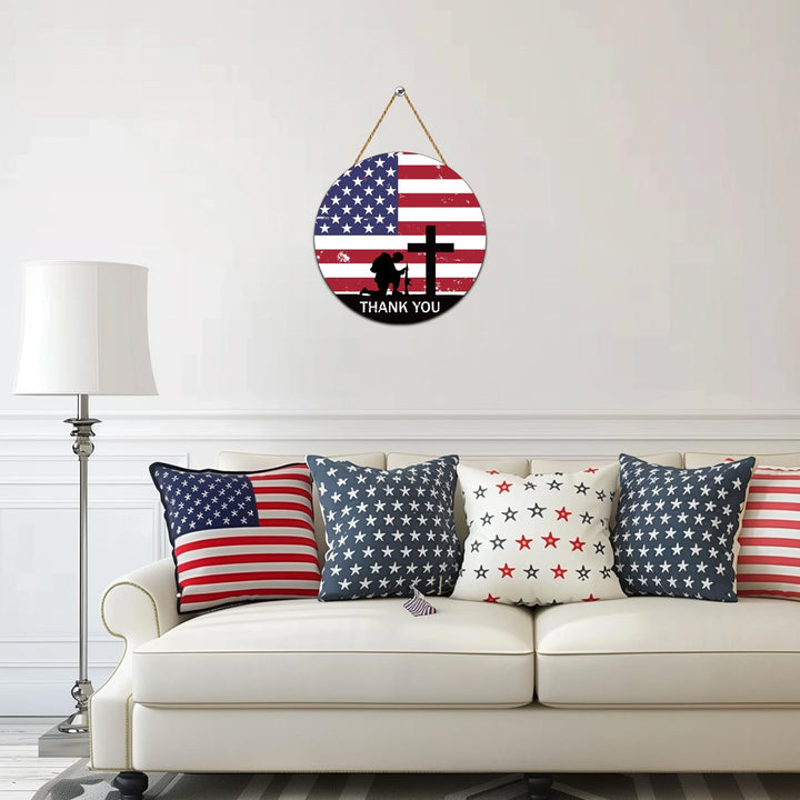 Unisex nan round wooden wall plaque with cross and soldier silhouette as well as jute rope hanging Kalsten