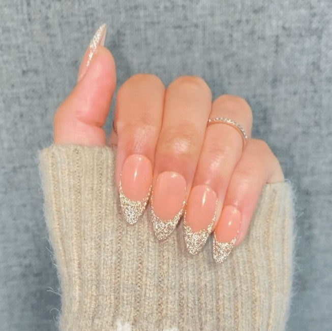 Elegant Glossy Almond-Shaped Press-On Nails with Silver Glitter Tips Kalsten
