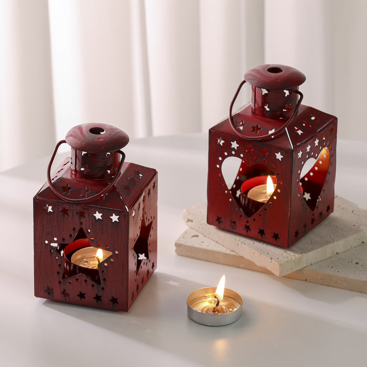 Distressed Shabby-Chic Square Tea Light Lantern with Christmas Tree Cutouts Kalsten