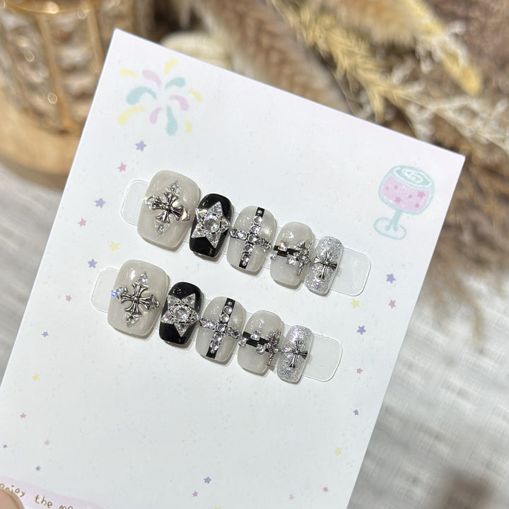 Artistic Press-On Nail Art Set with Gemstone Accents Kalsten