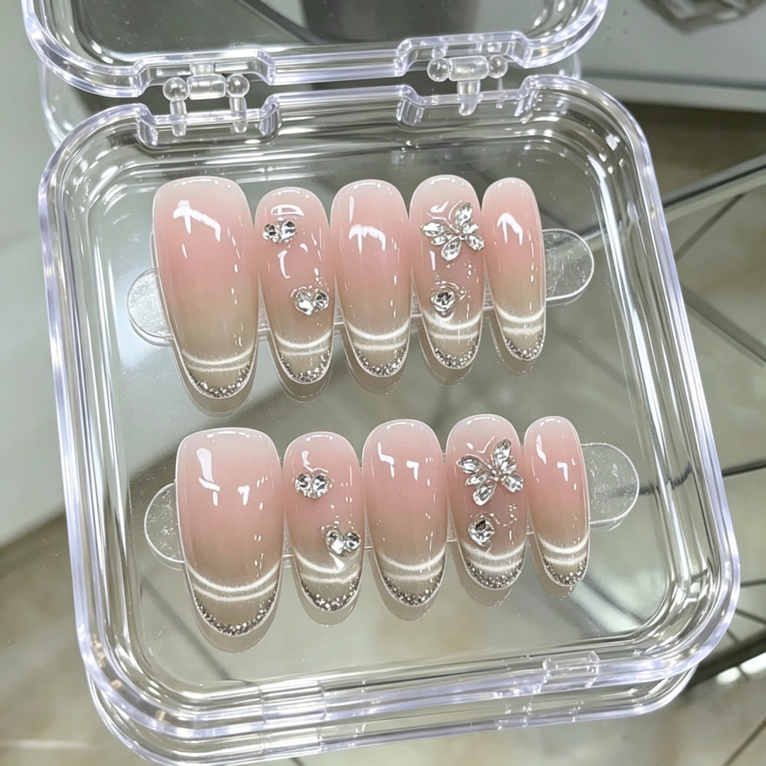 Elegant Press-On Nail Art Set with Floral and Gemstone Accents Kalsten