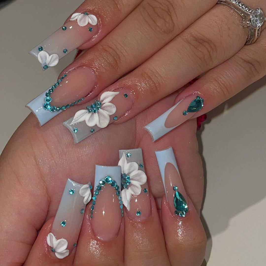 Decorative Press-On Nails with Unique Floral and Gem Accents kalsten