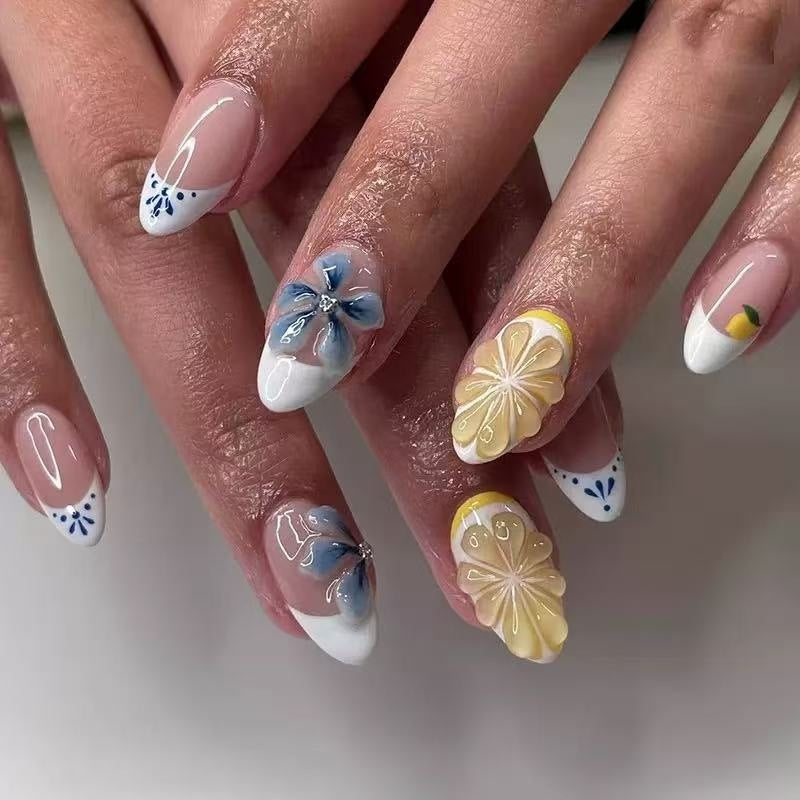 Artistic artificial nails with floral and fruity accents Kalsten