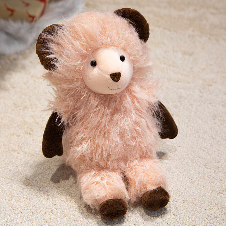 Plush Fluffy Ram-Inspired Teddy with Long Faux-Fur Coat and Embroidered Face Kalsten