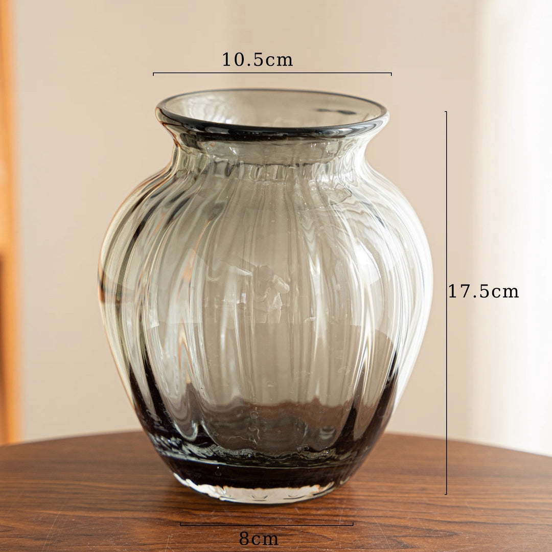Handblown Ribbed Smoky Glass Bulb Vase with Narrow Neck Kalsten