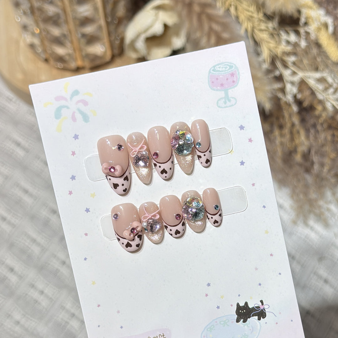 Decorative Press-On Nail Art Set with Heart and Gem Accents Kalsten