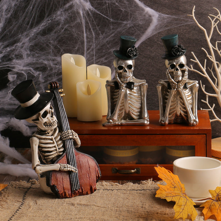 Detailed Resin Halloween Decoration Figure Skeleton with Double Bass