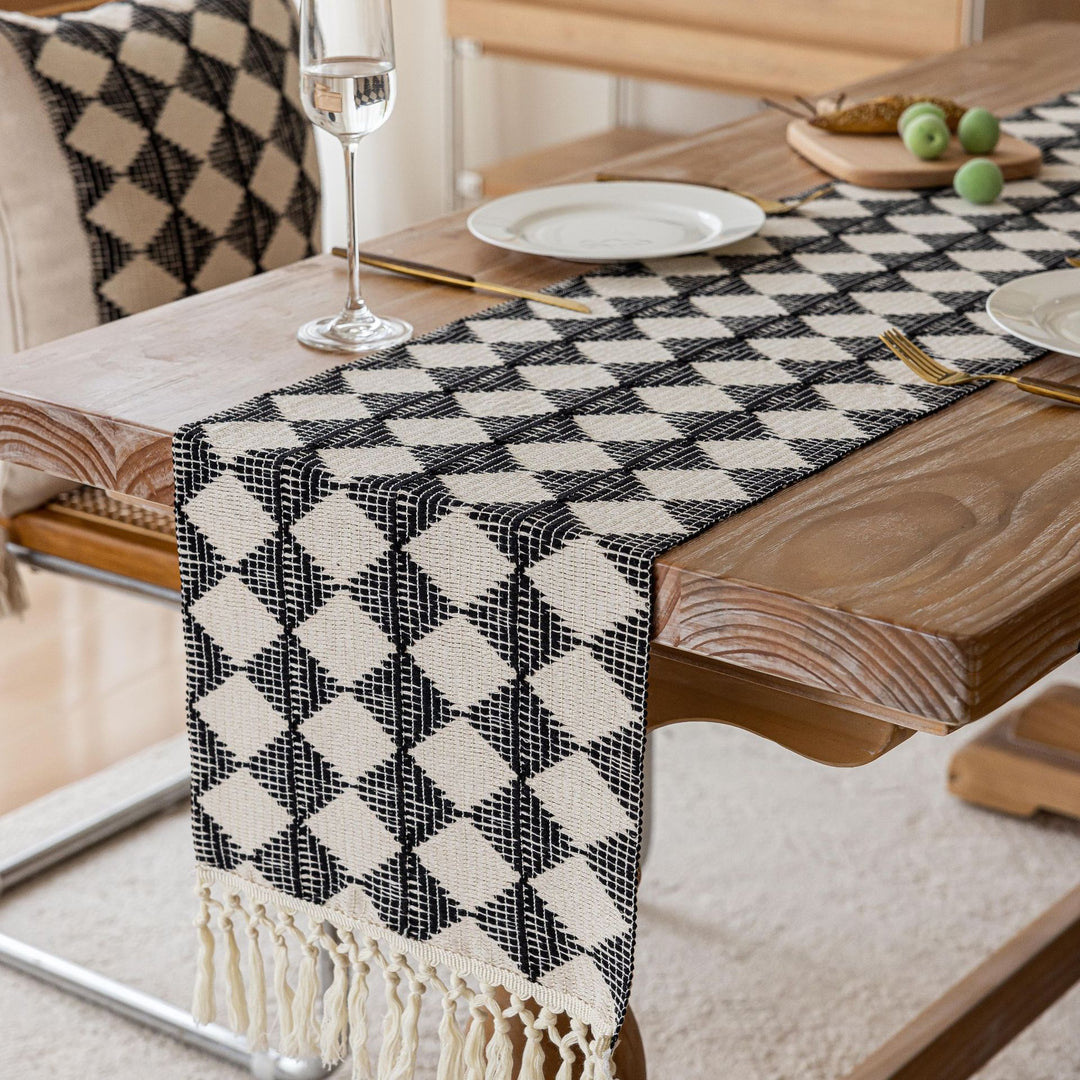 Handwoven Bohemian Cotton Table Runner with Fringe Tassels and Geometric Embroidery
