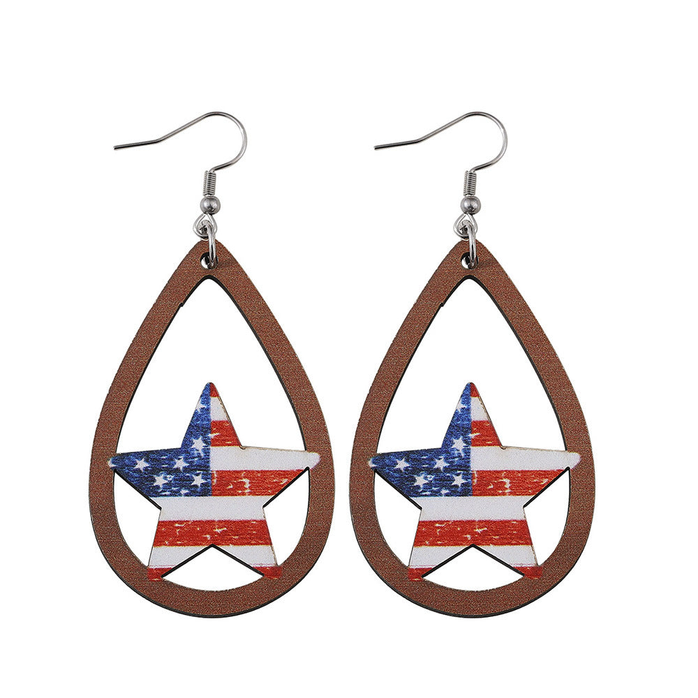 Ladies' nan teardrop-shaped wooden earrings with multi-layer star and stripe appliqué and nickel-free ear hooks Kalsten