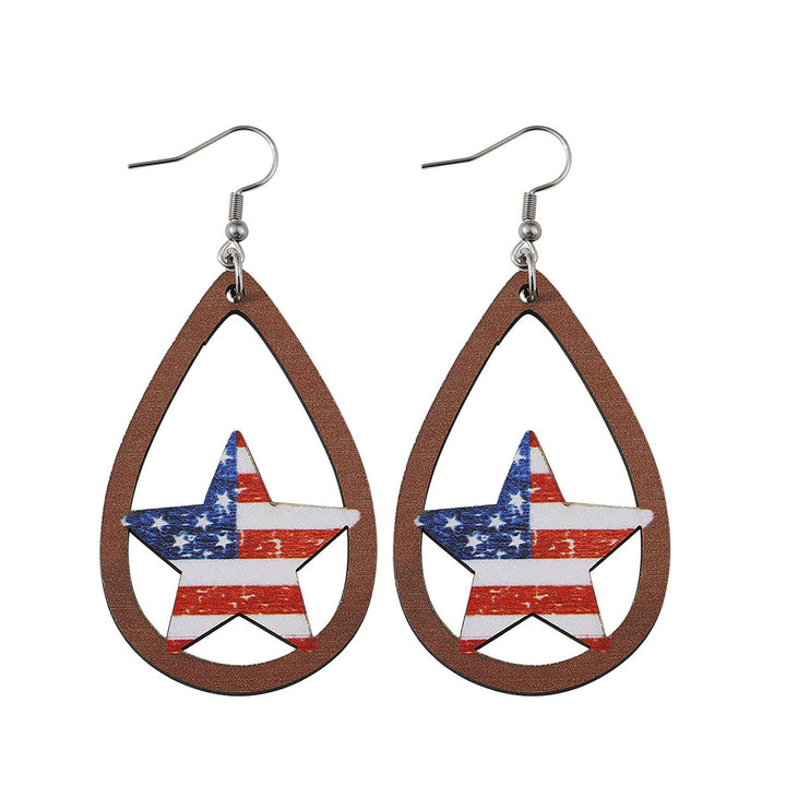Ladies' nan teardrop-shaped wooden earrings with multi-layer star and stripe appliqué and nickel-free ear hooks Kalsten