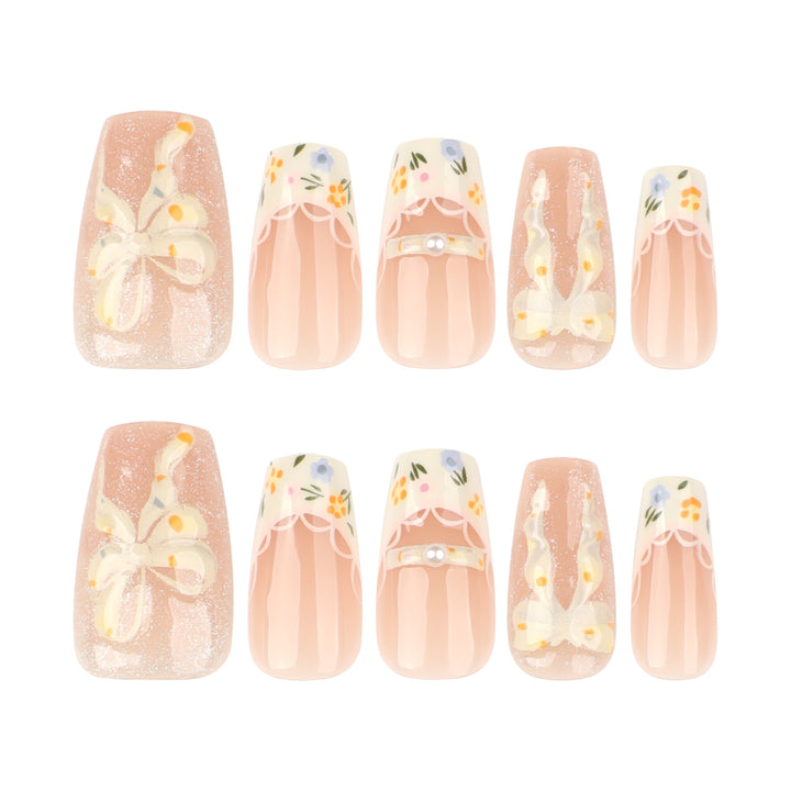 Artful Nail Extensions with Floral Design and Bow Accents Kalsten