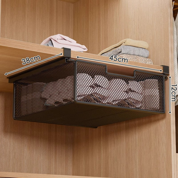 Under-Shelf Pull-Out Metal Mesh Closet Basket Organizer with Clamp Rail