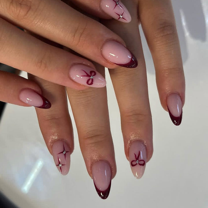 Artistic Press-On Nail Art Set with Decorative Bow and Crystal Accents Kalsten