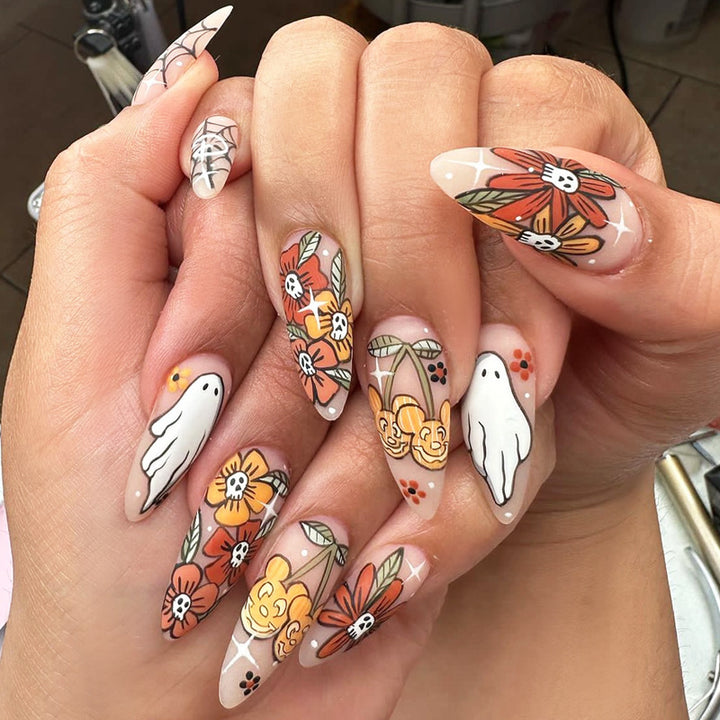Artistic Press-On Nail Set with Seasonal Floral and Ghost Designs kalsten