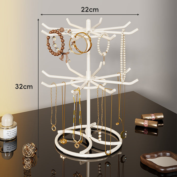 Rotating Tiered Jewelry Organizer Stand with Multi-Arm Hooks and Circular Ring Trays