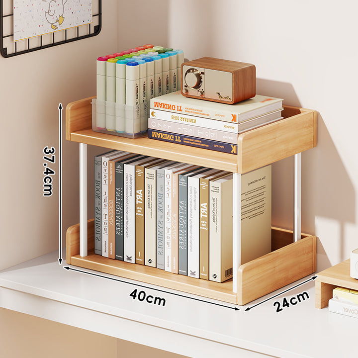 Minimalist Solid Wood Two-Tier Desktop Bookshelf with Metal Support Rods