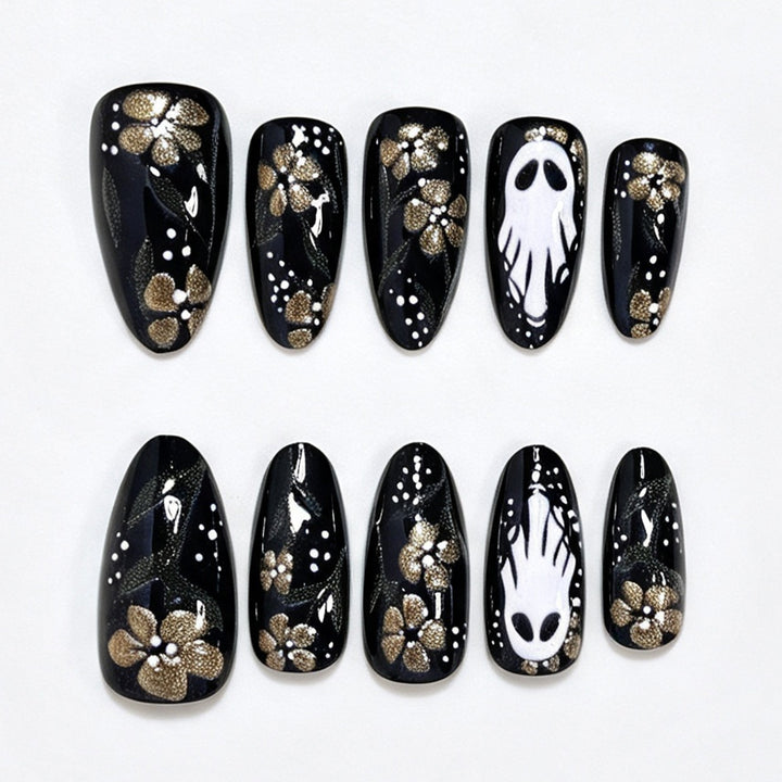 Artistic Ghost and Floral Theme Press-On Nail Art Kalsten