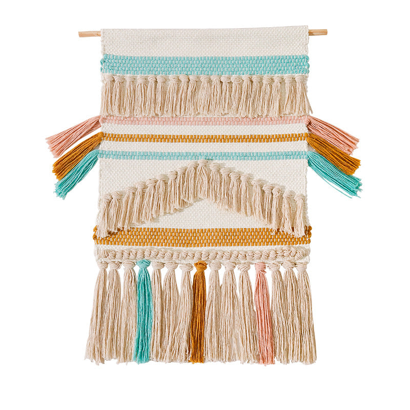 Woven Boho wall tapestry with macrame fringes and handcrafted textured relief Kalsten