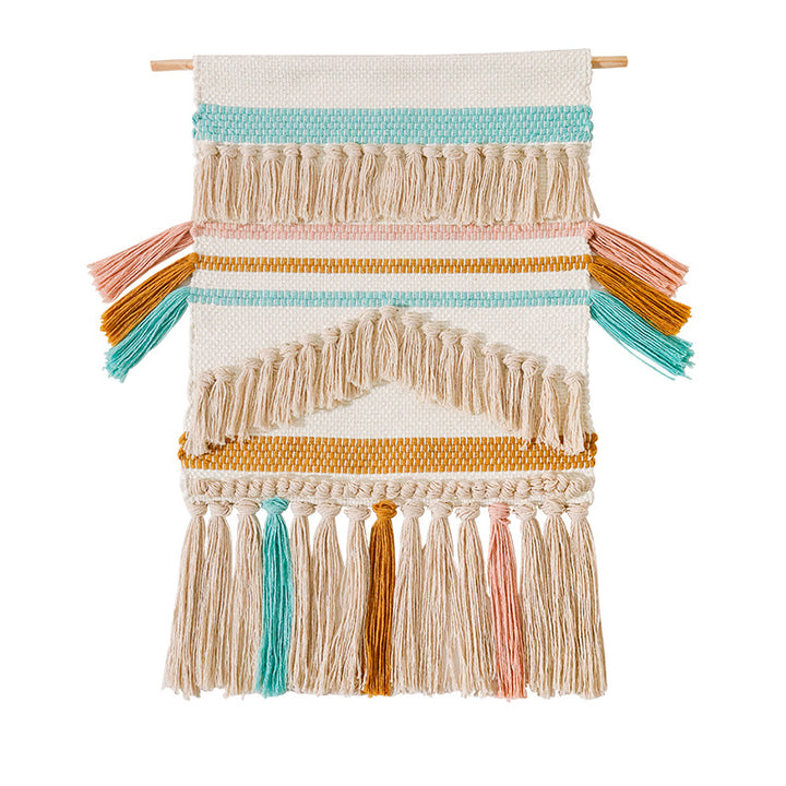 Woven Boho wall tapestry with macrame fringes and handcrafted textured relief Kalsten