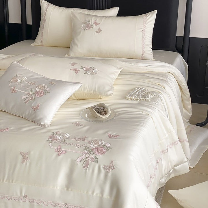 Elegant satin bedding set with rose and butterfly embroidery