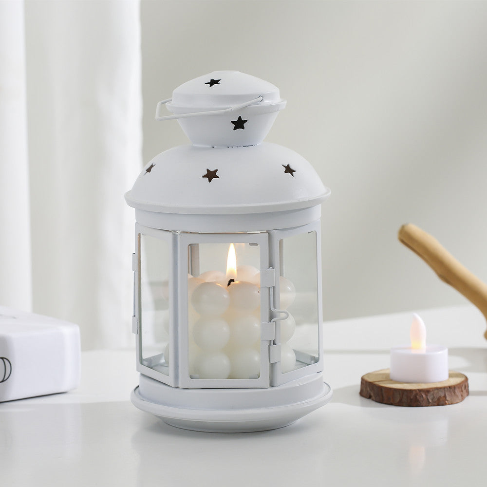 Vintage-Inspired Cylindrical Metal Tea Light Lantern with Star Vent Cutouts and Hinged Glass Door Kalsten
