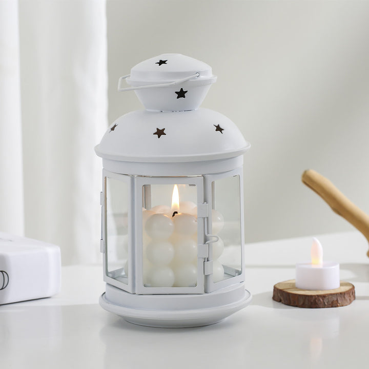 Vintage-Inspired Cylindrical Metal Tea Light Lantern with Star Vent Cutouts and Hinged Glass Door Kalsten