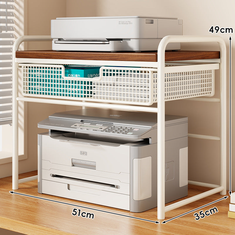 Two Tier Metal and Wood Printer Stand with Sliding Mesh Drawer and Under-Shelf Storage