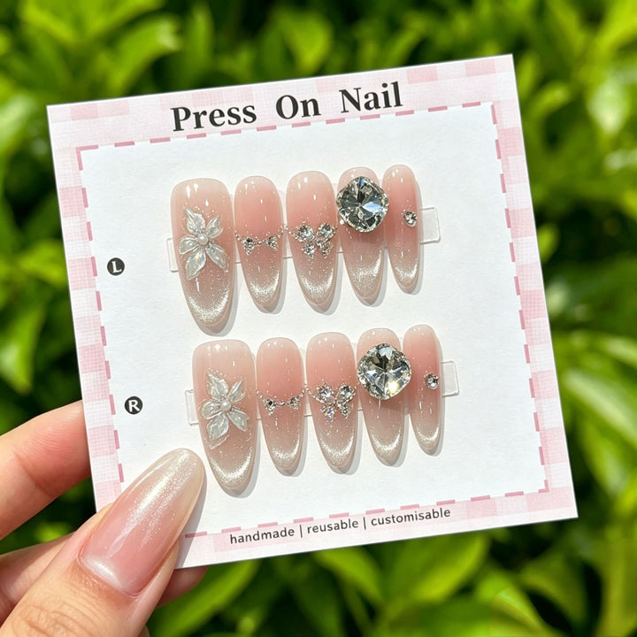 Artistic Press-On Nail Art Set with Cute Character and Bow Accents