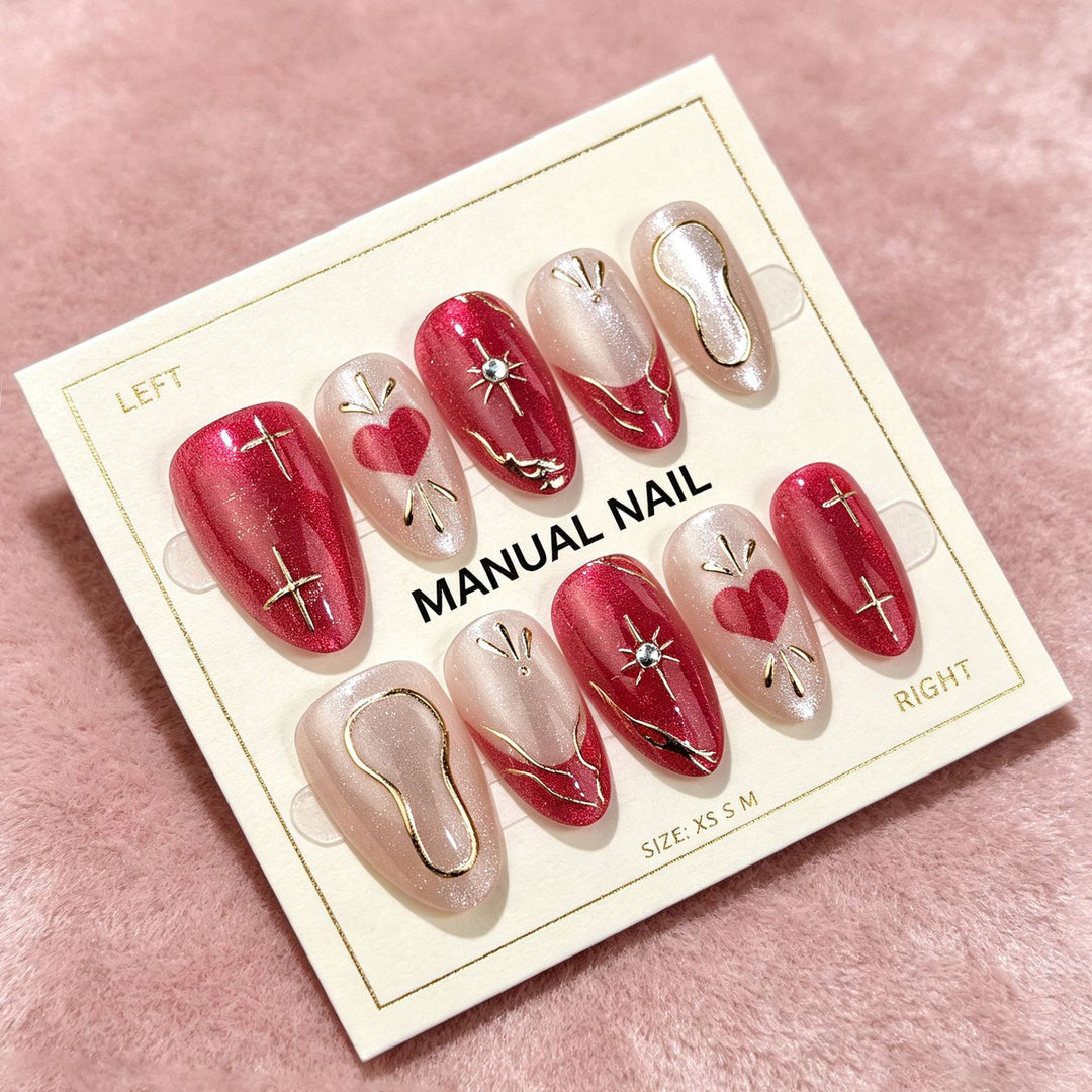 Artistic Press-On Nail Set with Heart and Star Designs