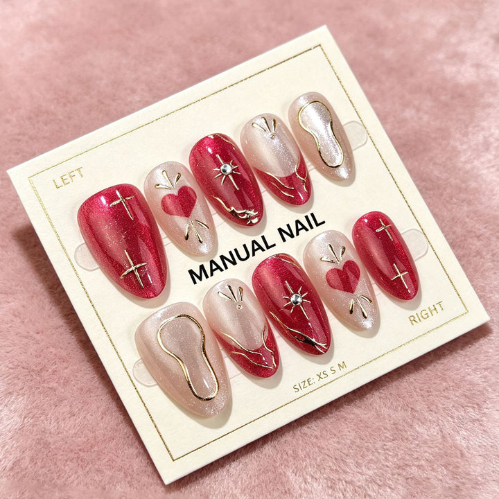 Artistic Press-On Nail Set with Heart and Star Designs