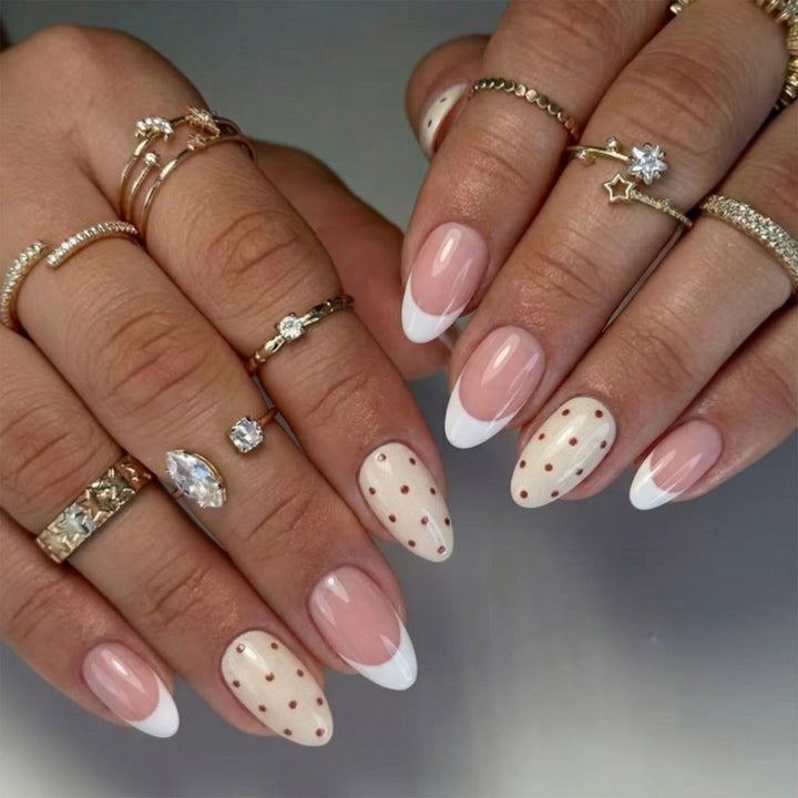 Elegant Press-On Nail Set with Polka Dot and French Tip Design Kalsten
