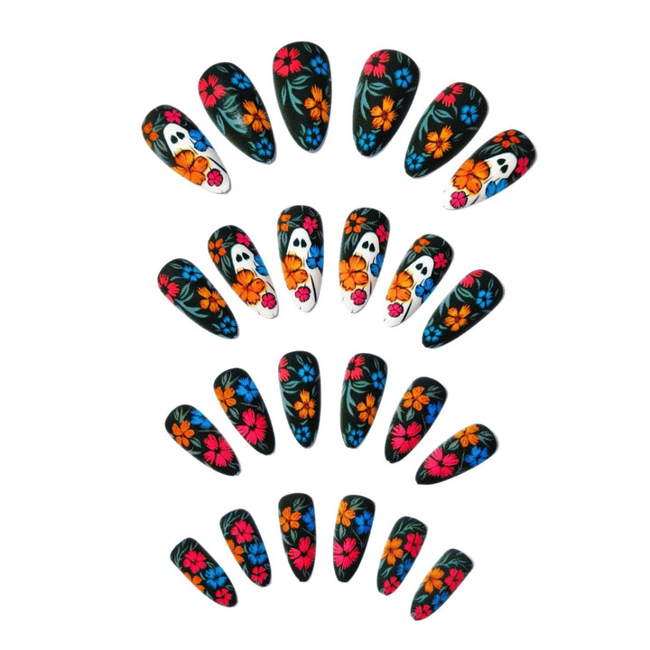 Creative Art Nails with Skull and Colorful Flower Design Kalsten